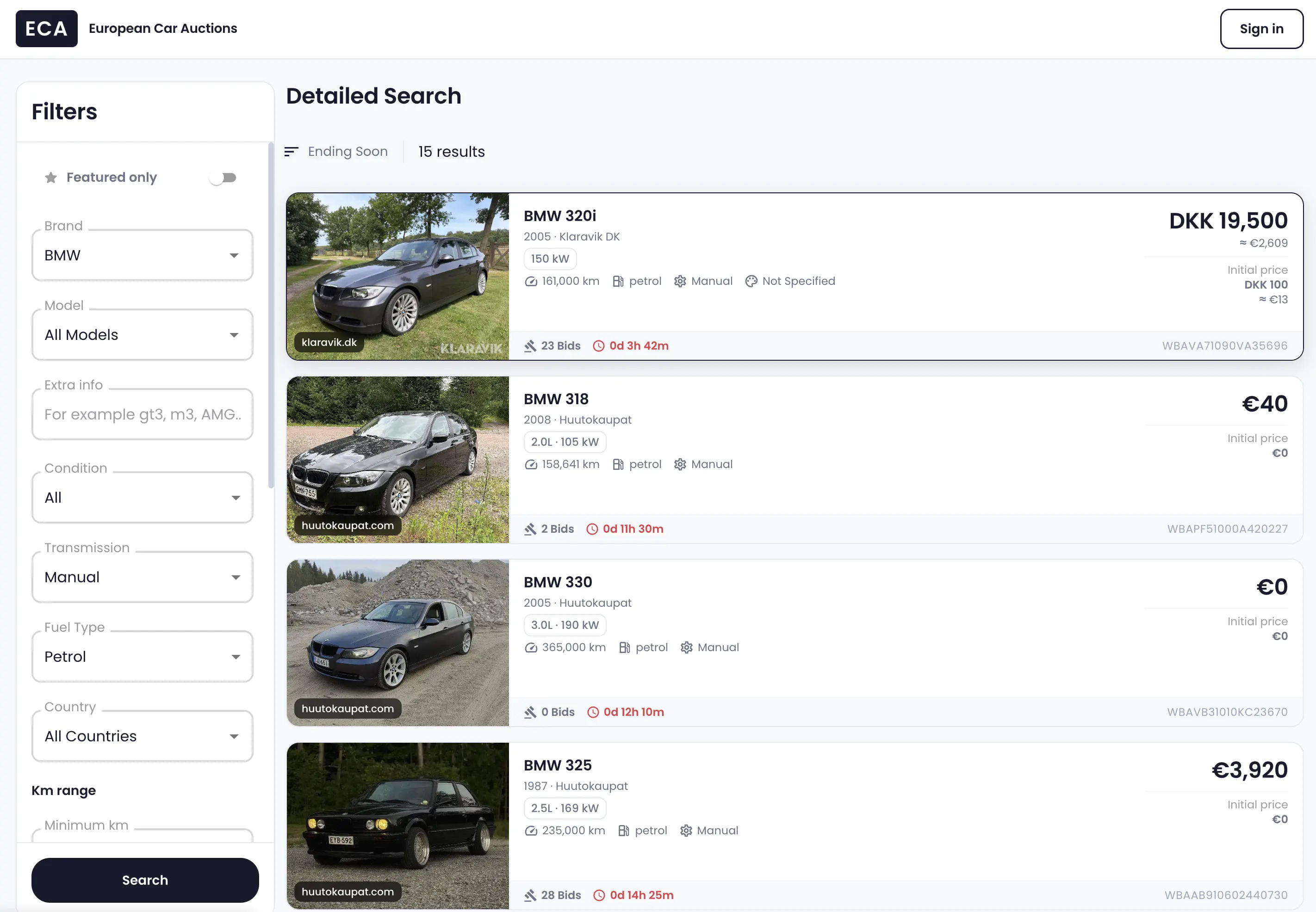 Búsqueda detallada de EU Car Auctions con anuncios activos de BMW y filtros